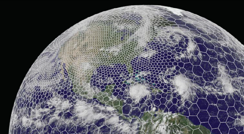Diagram of the GRAF variable-resolution grid tightening over an active weather region